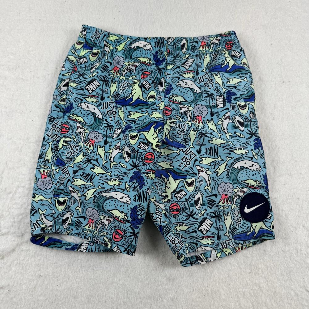 Nike Swim Shorts Boys Size S Blue Shark Print Just Do It Elastic Waist Graphic